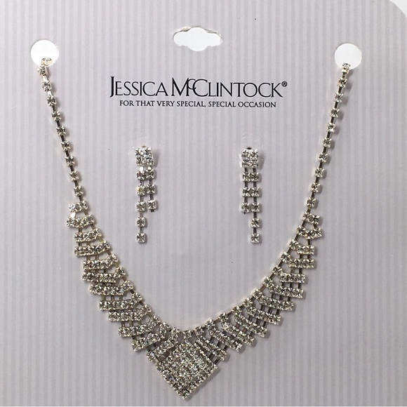 Jessica McClintock, Rhinestone Necklace And Earring Set, Silver, Studs, NOC - Picture 1 of 7